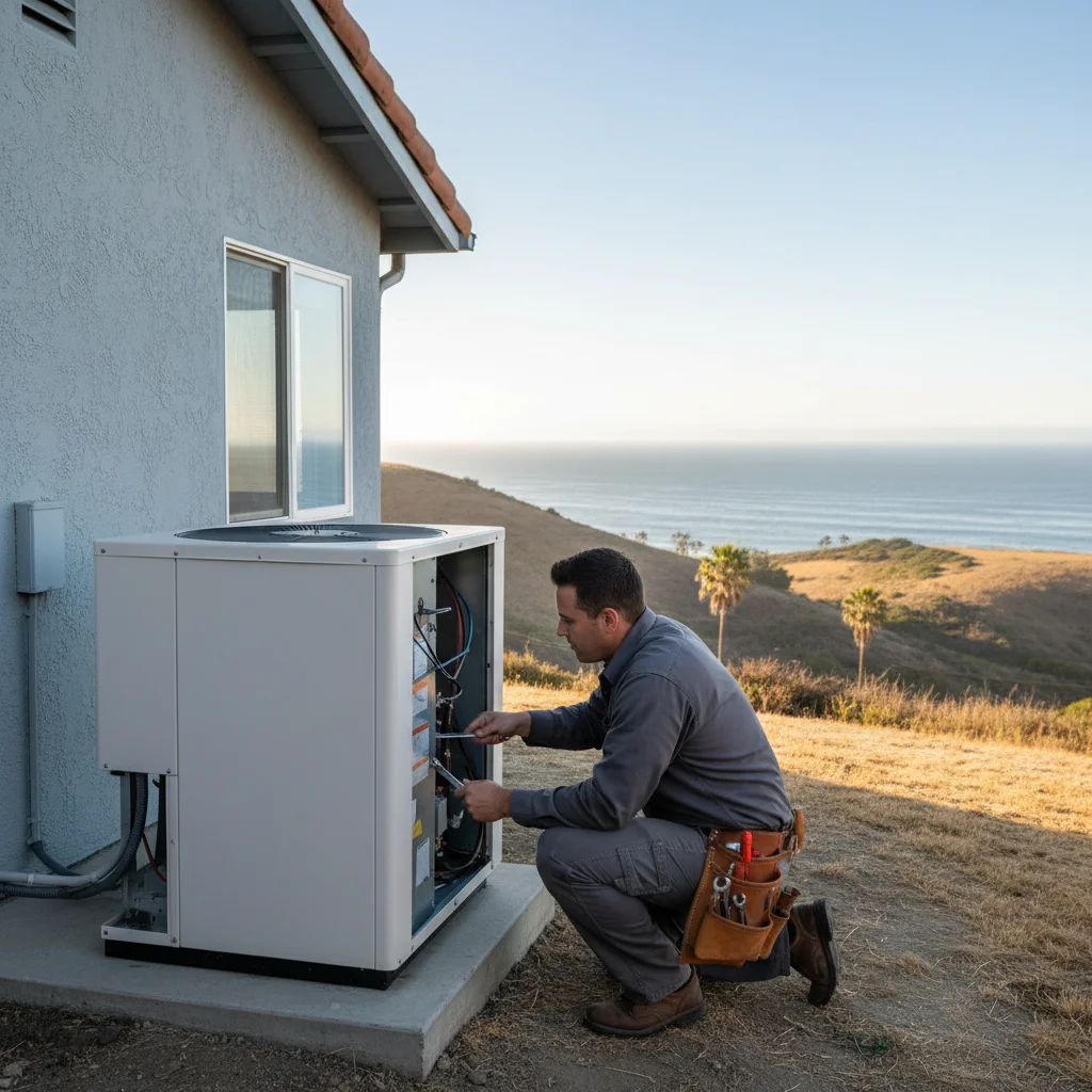 Outdoor AC condenser beside a single-story Oceanside home with coastal hills in the distance