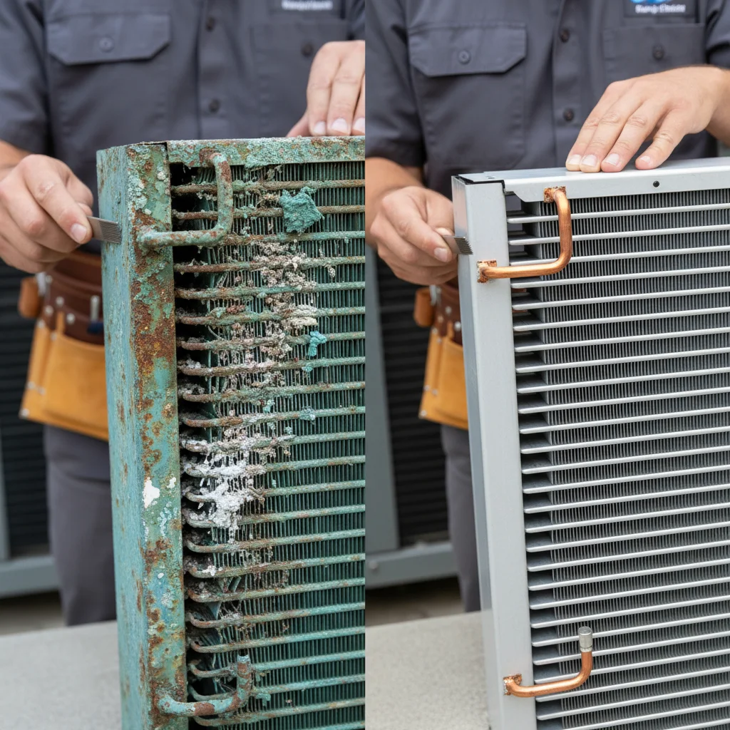 Close-up of corrosion patina on condenser fins next to a clean replacement coil, side-by-side comparison