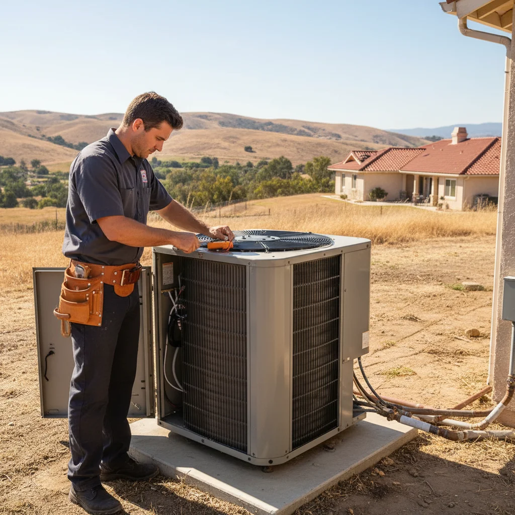 Outdoor AC condenser on a large Poway property with inland hills in the background.