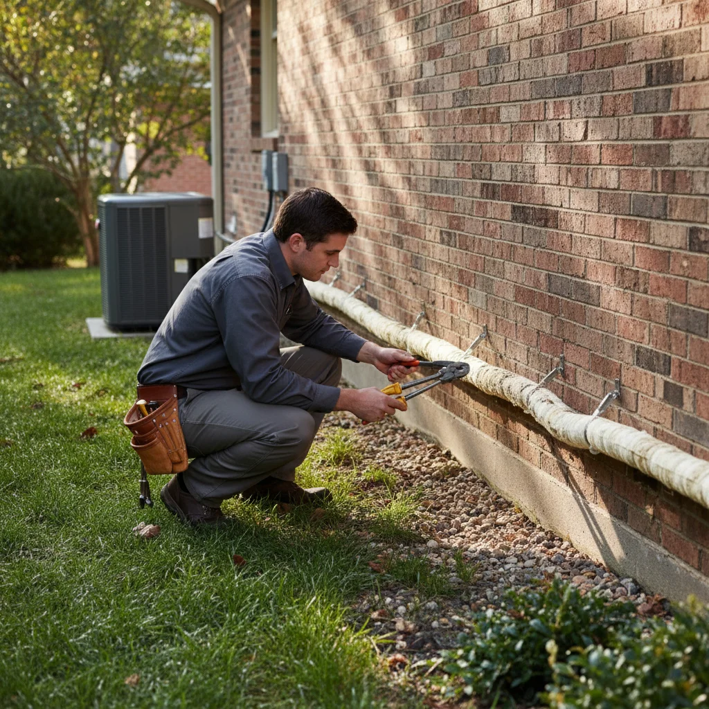 Technician inspecting a long, insulated refrigerant line set along the side of a home.