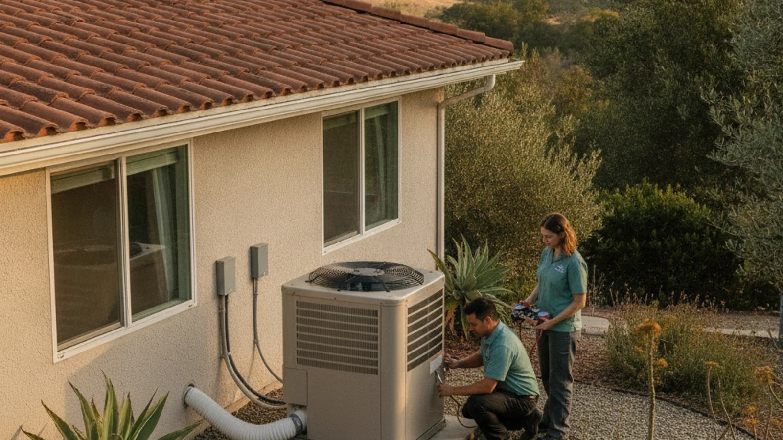 Outdoor condenser unit beside a 1980s single-story home in Rancho Bernardo with mature landscaping and inland hills in the background.