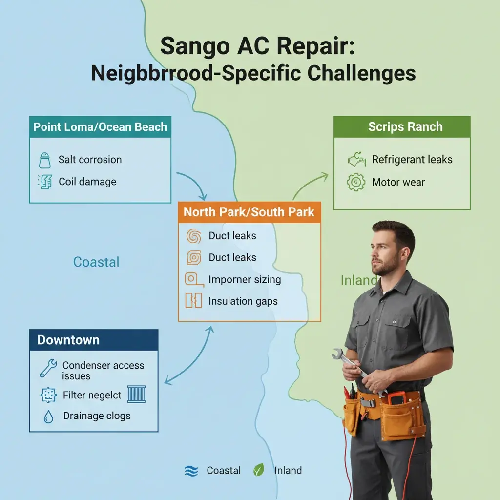 Infographic illustrating common AC repair issues and their prevalence across different San Diego neighborhoods, including average repair costs and specific environmental factors.