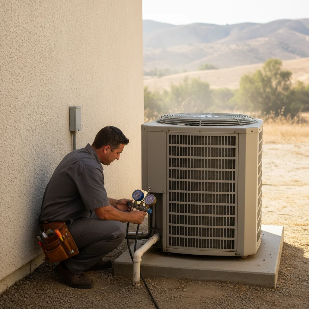 Outdoor AC condenser running hard beside a stucco Santee California home with East County hills baking in summer sun, heat shimmer visible