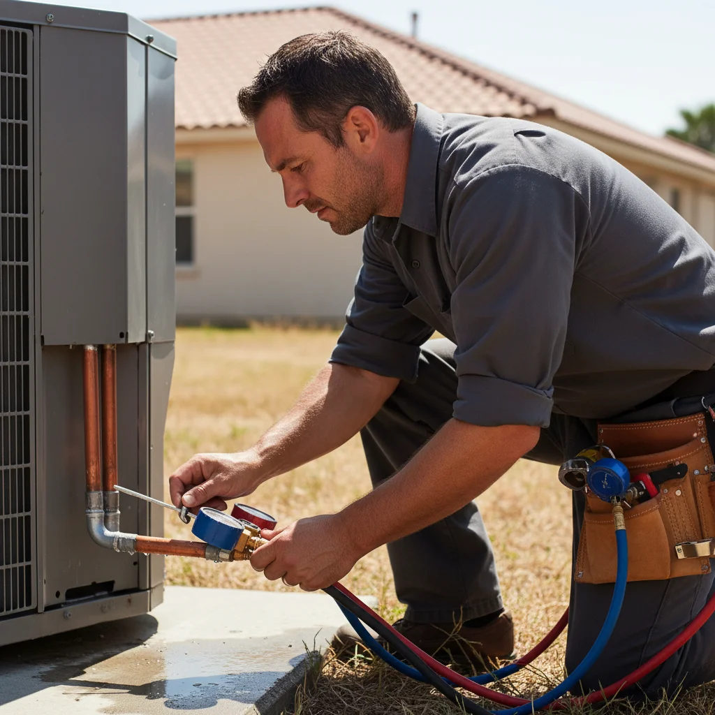 Technician measuring superheat at an outdoor unit during peak afternoon heat, sweat on brow, professional summer service detail