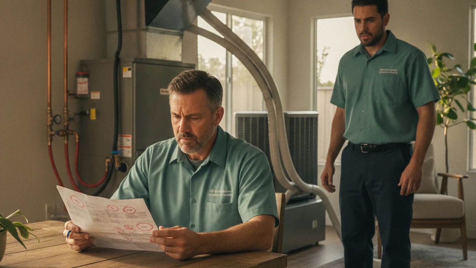Homeowner reviewing a suspicious HVAC repair quote with marked-up pricing