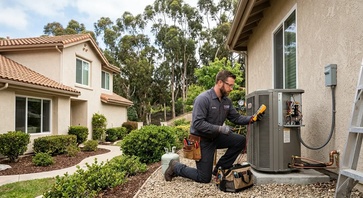 An outdoor AC unit next to a two-story suburban home in Scripps Ranch, with eucalyptus trees characteristic of the area in the background.