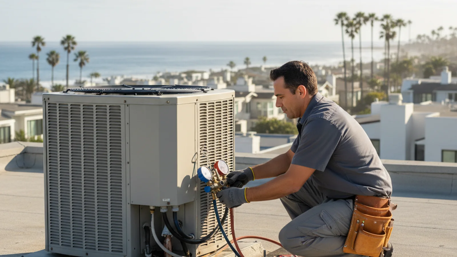 A bluff-top Solana Beach California home near Fletcher Cove with an AC condenser showing salt-air weathering on the cabinet and corroded fasteners