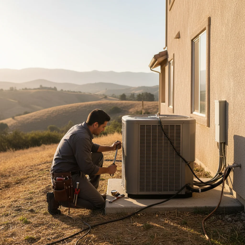 An outdoor air conditioner unit next to a stucco home in Vista, California, with dry hills in the background under a hot sun