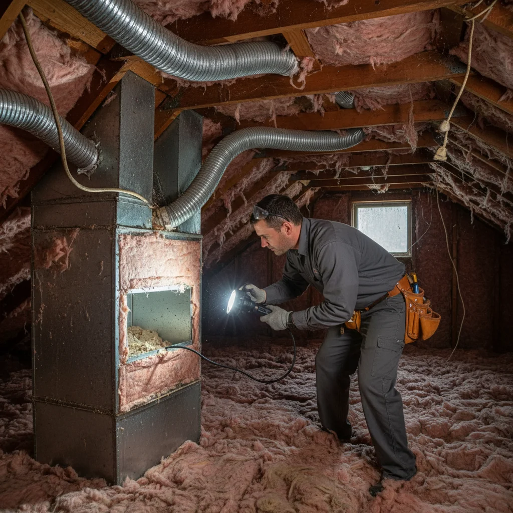 An HVAC technician shines a flashlight on dusty, older ductwork in the attic of a Vista home