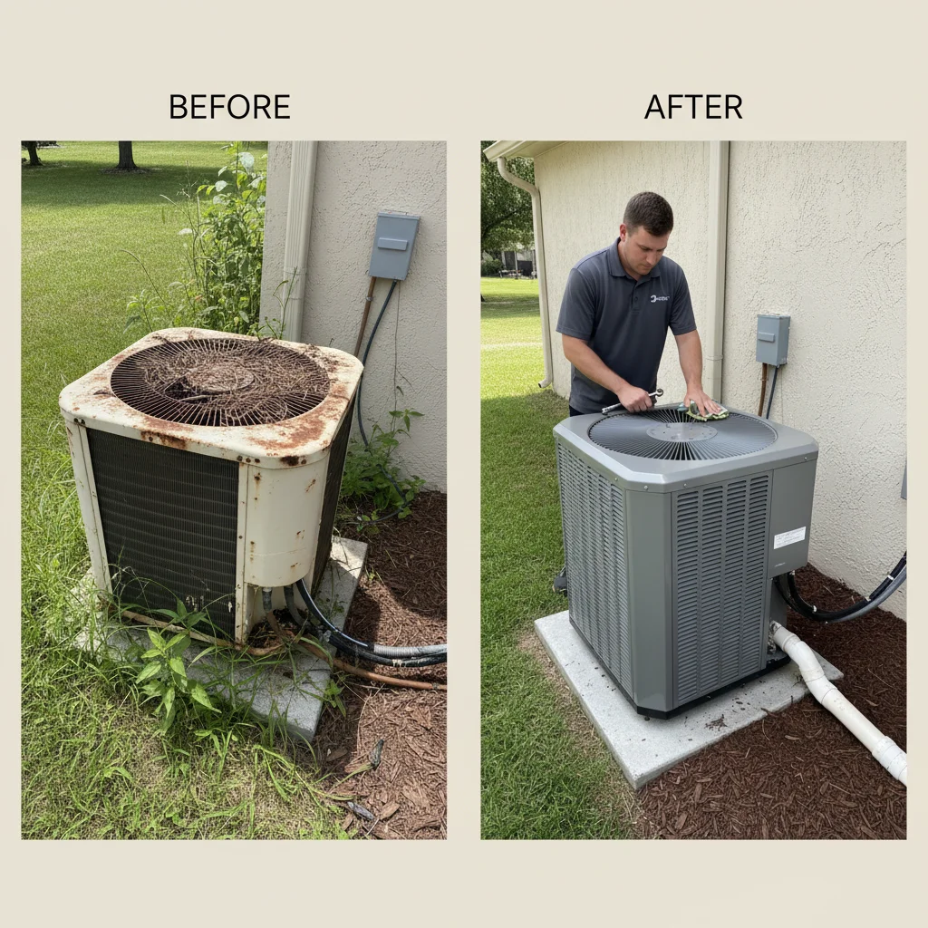 Older outdoor AC condenser unit beside a newer high-efficiency unit on a residential side yard