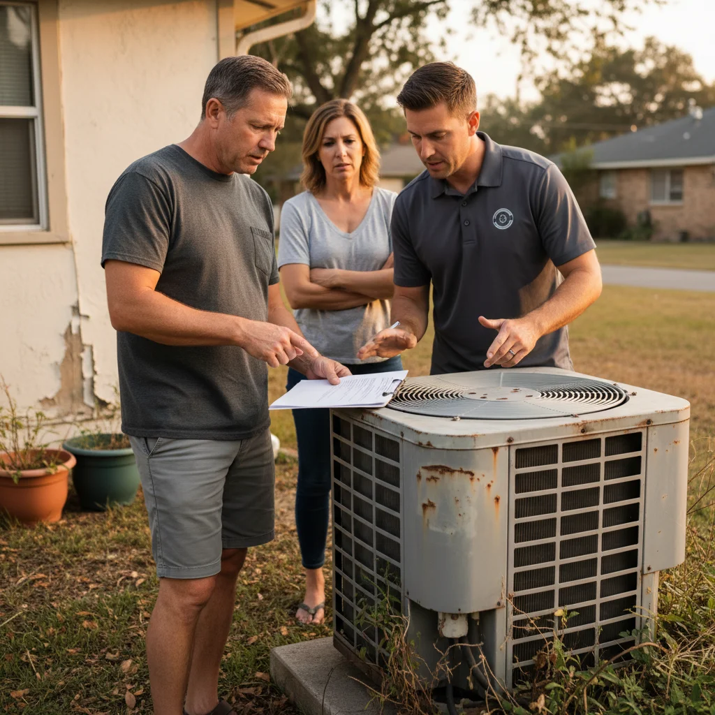 Homeowner and HVAC technician reviewing a written estimate on a clipboard outside next to an aging AC unit