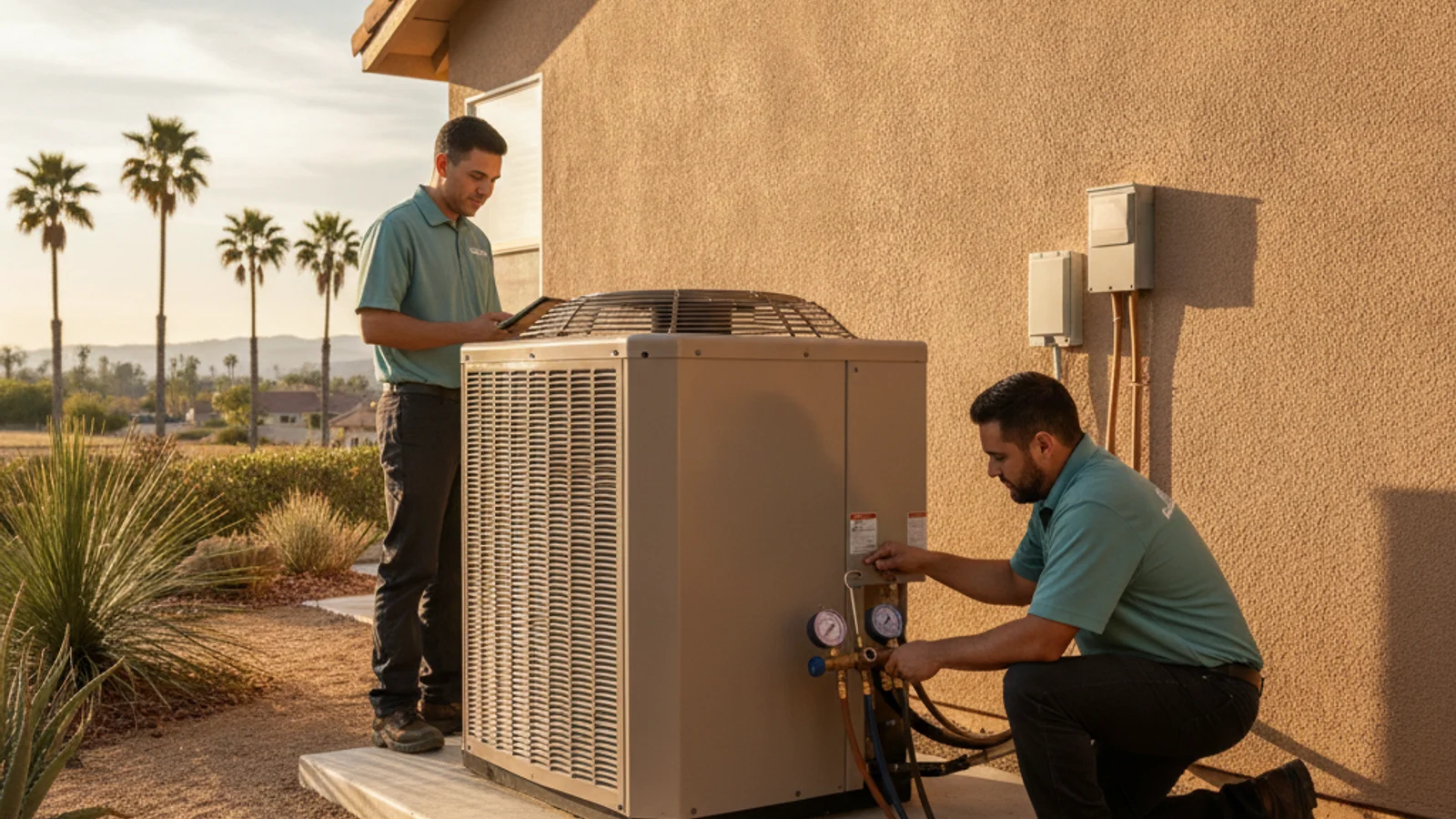 AC condenser unit running outside a San Diego inland home during a hot afternoon
