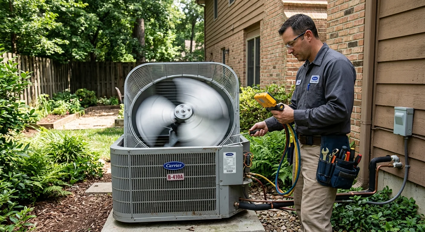 Outdoor AC condenser cycling on with visible motion blur on the fan, residential side yard, hot afternoon