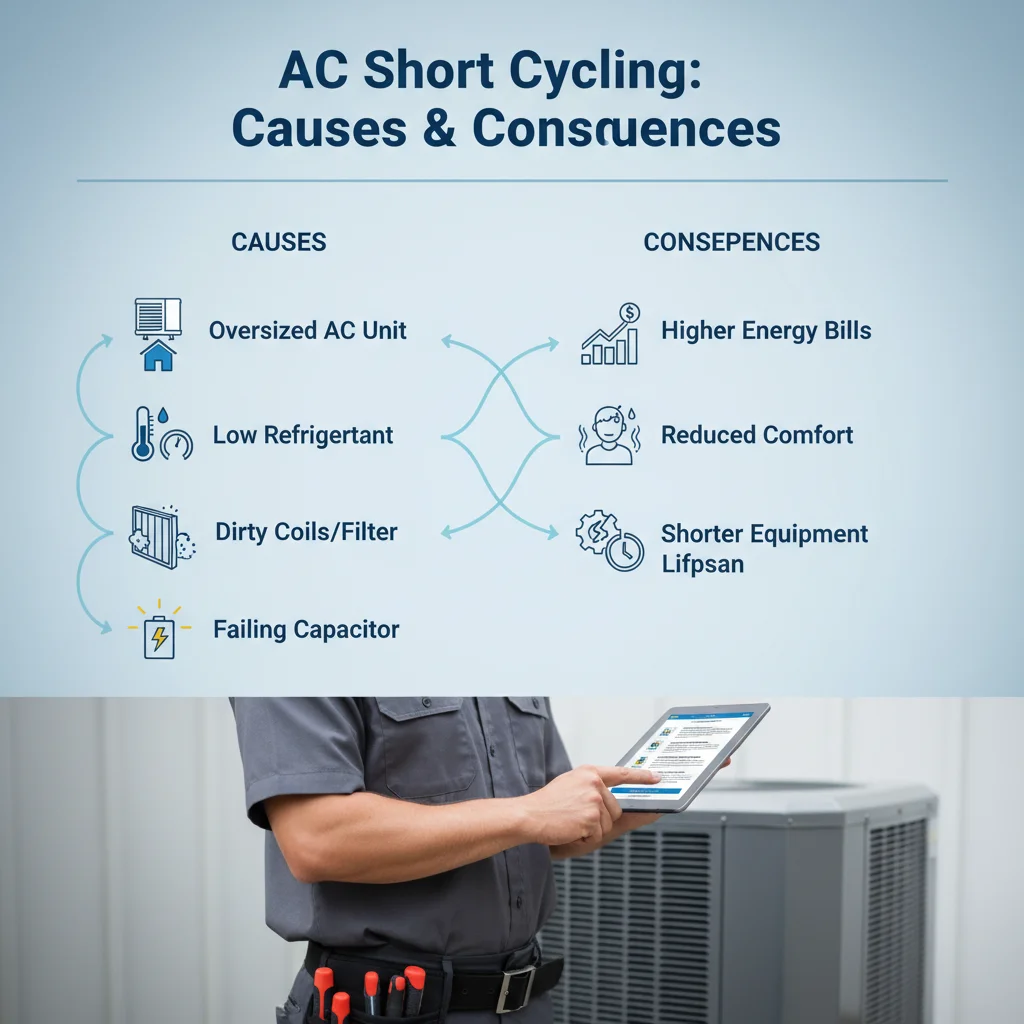 Infographic illustrating common causes of AC short cycling, including oversized unit, low refrigerant, dirty coils, and a failing capacitor, alongside its negative impacts such as higher energy bills, reduced comfort, and shorter equipment lifespan.