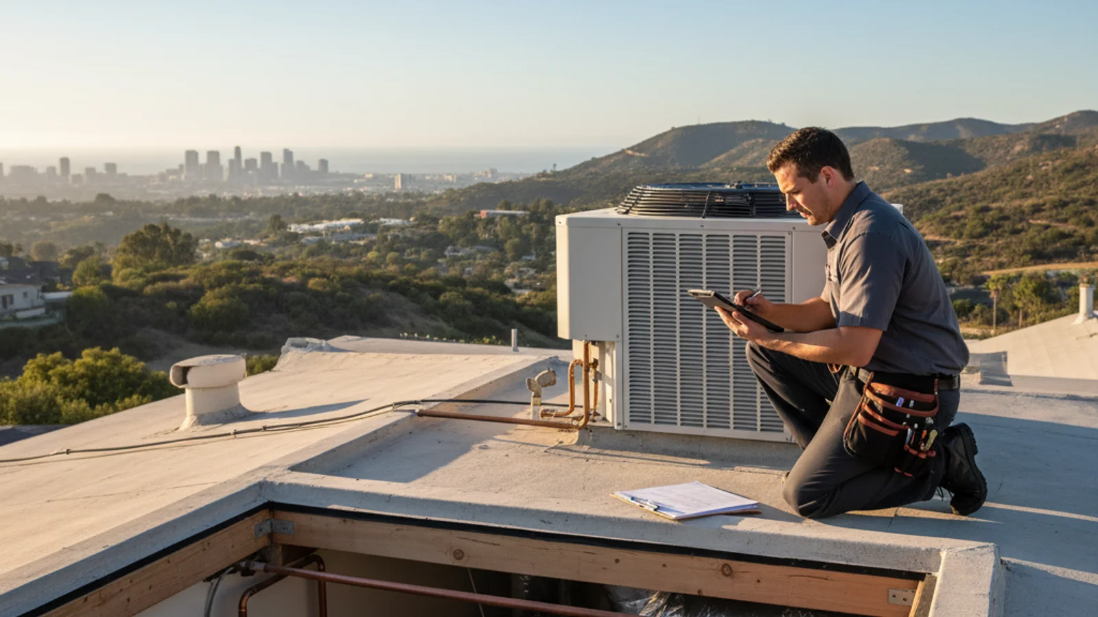 HVAC technician performing a Manual J calculation on a tablet outside a San Diego home