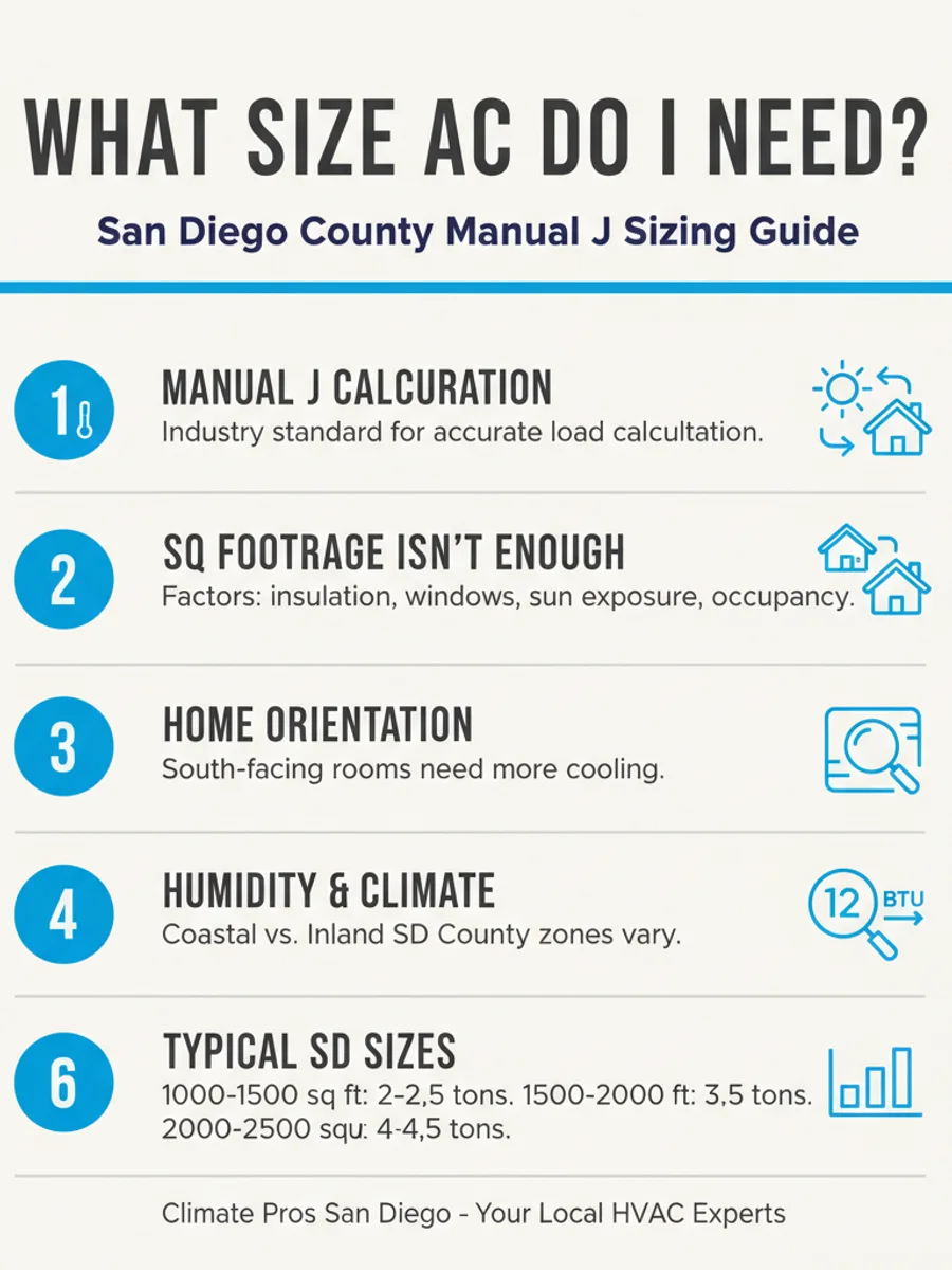 Infographic showing AC sizing factors for San Diego homes by climate zone and home age