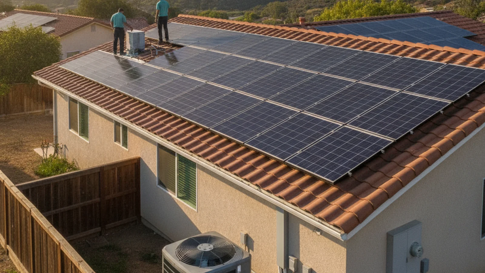 Rooftop solar array on a San Diego home with an outdoor AC condenser visible in the side yard