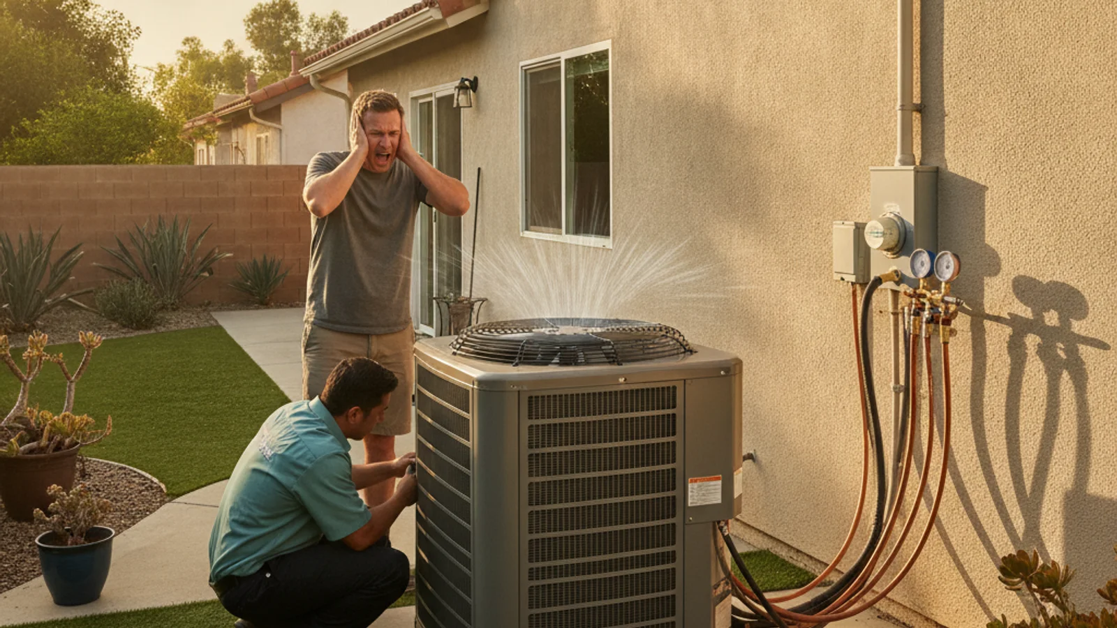 Homeowner standing near an outdoor AC condenser that is squealing in a San Diego backyard