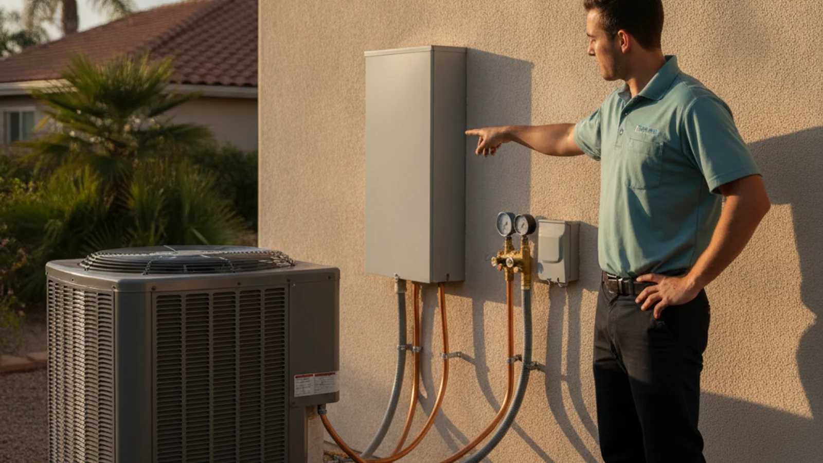 Outdoor AC condenser unit beside an electrical panel at a San Diego home, late afternoon sun