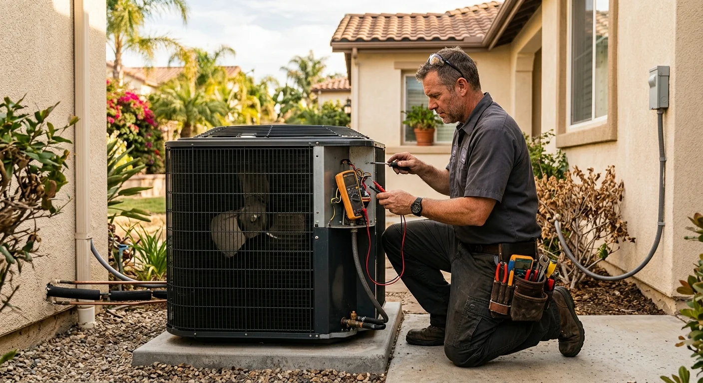 Licensed HVAC contractor inspecting an outdoor AC unit in Chula Vista