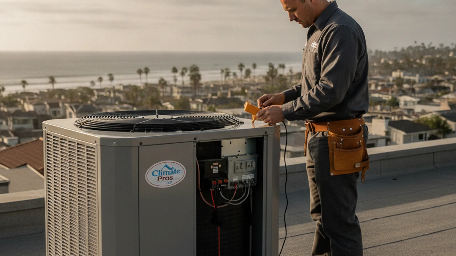 Technician inspecting a corroded condenser coil at a coastal San Diego home with marine layer overhead