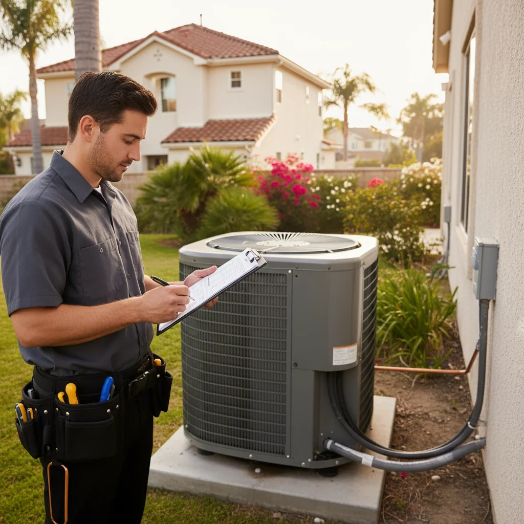 HVAC technician with a tune-up checklist clipboard standing beside an outdoor AC unit at a San Diego home