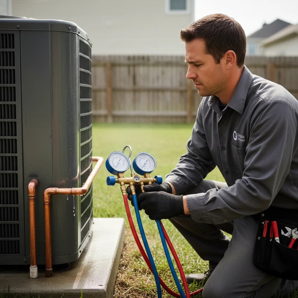 Close-up of a service tech checking refrigerant pressures with a manifold gauge 