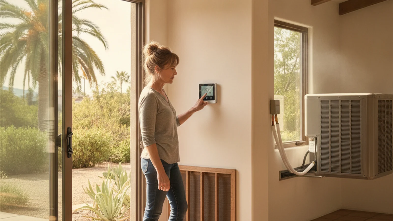 Homeowner at a thermostat trying to shut off an AC that keeps running at a San Diego home