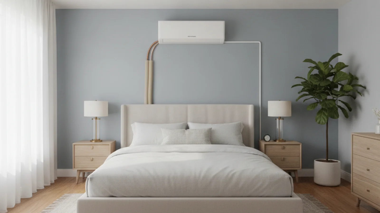 A calm bedroom with a wall-mounted ductless mini-split head above the headboard.