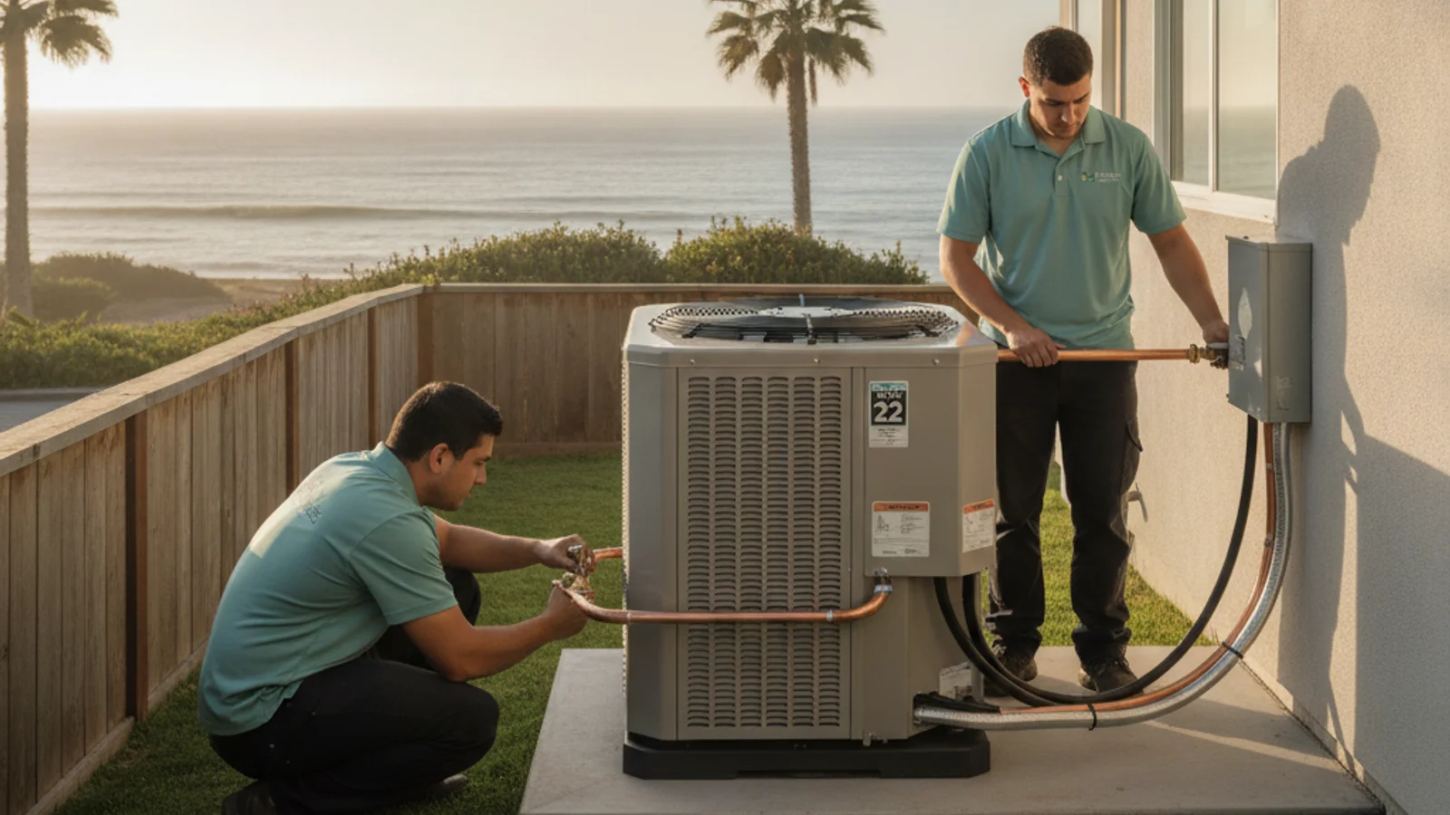 New high-efficiency AC condenser installed at a coastal San Diego home with ocean air exposure