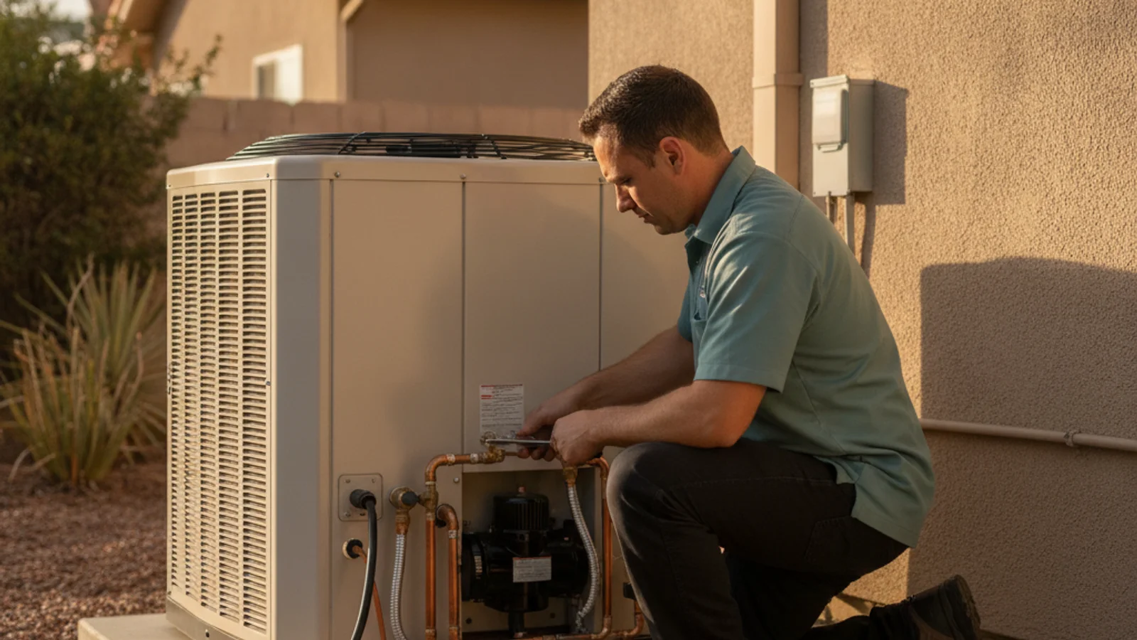 AC repair technician working on a residential outdoor condenser in Escondido