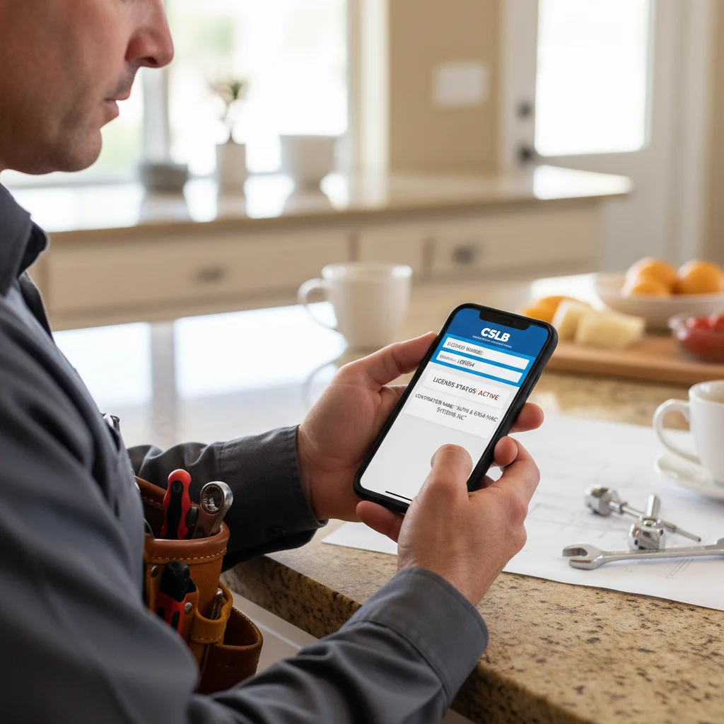 A smartphone displays the California CSLB license check website for an HVAC contractor.