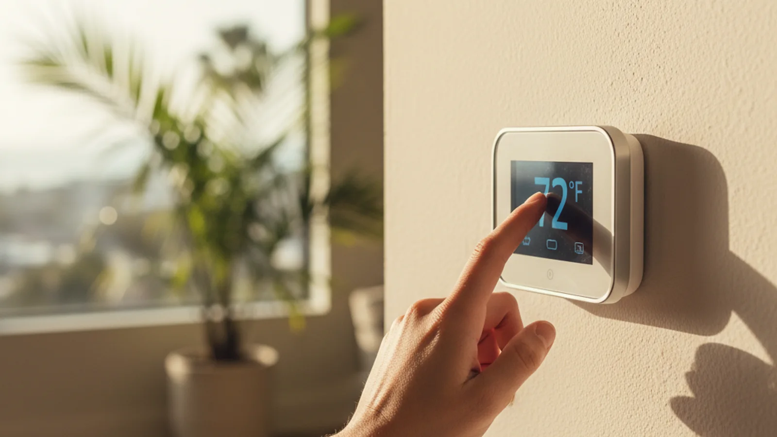 A smart thermostat mounted on the wall of a San Diego home with warm afternoon light coming through a nearby window