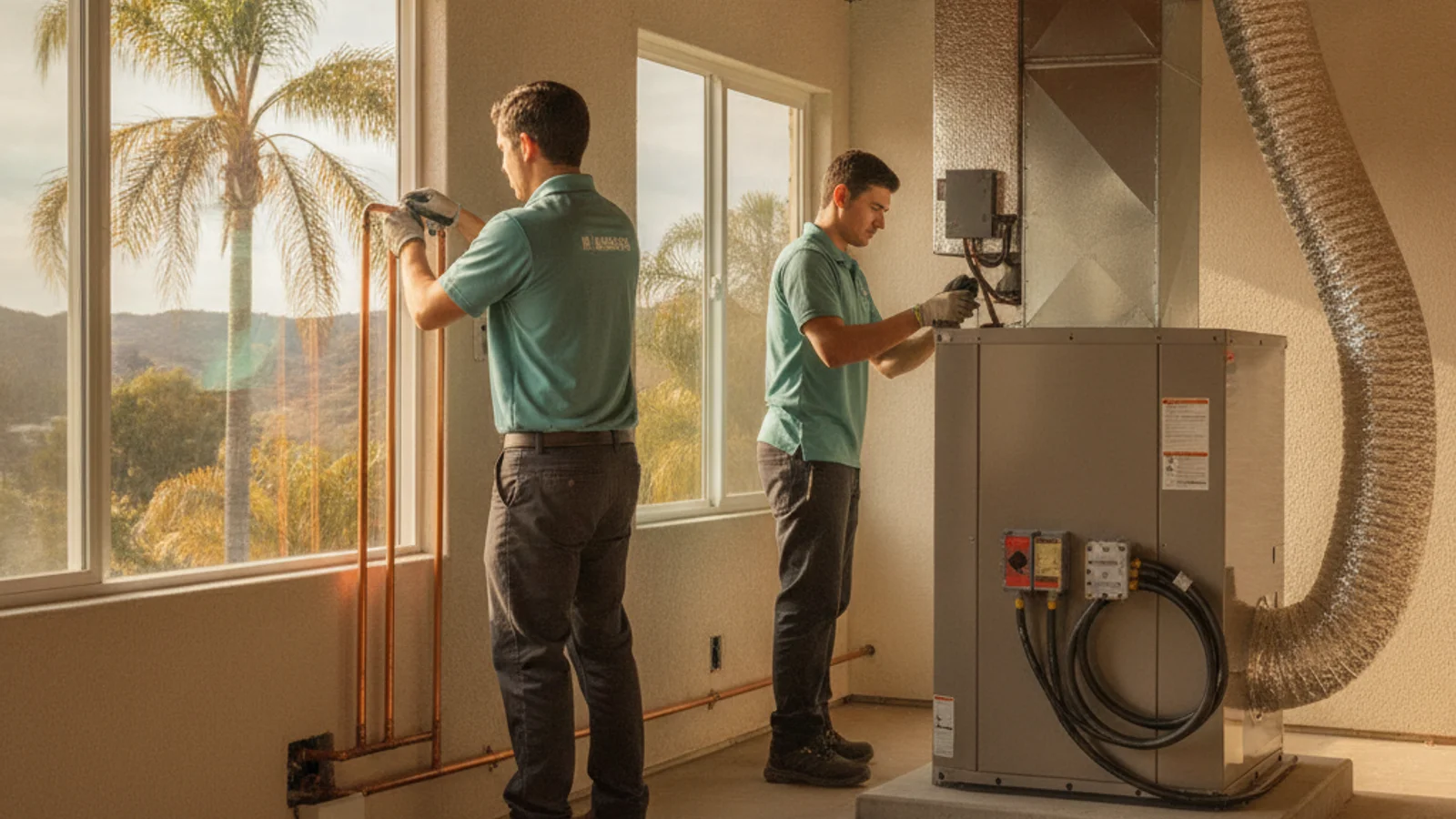 AC installation in progress at a San Diego home during fall season