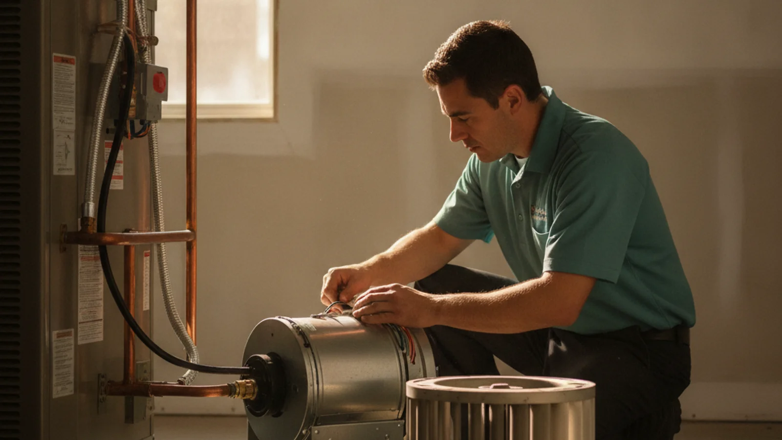 Furnace blower motor and fan assembly during a San Diego HVAC repair