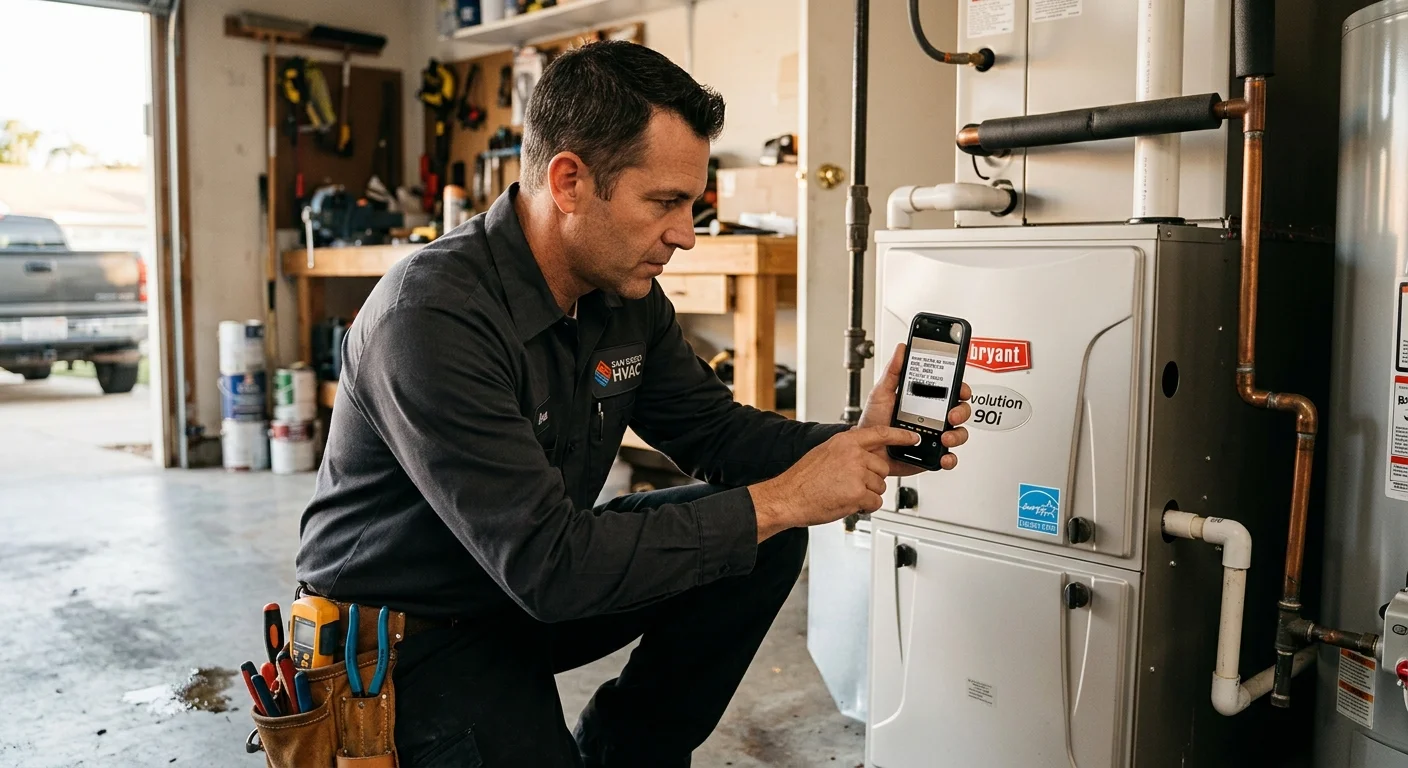 Homeowner photographing the label on a Bryant furnace in a San Diego garage