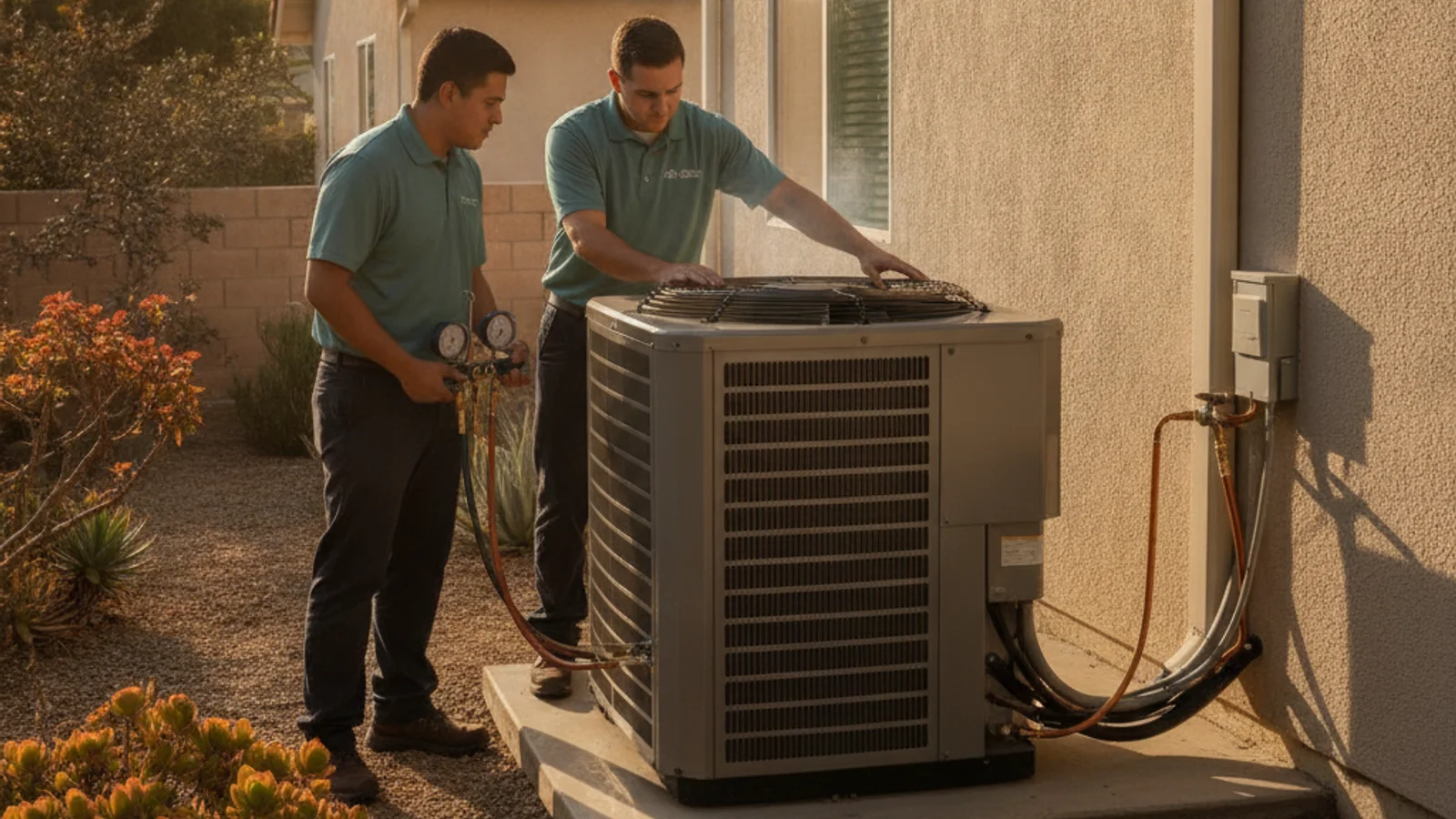 Outdoor AC condenser unit running during San Diego summer day