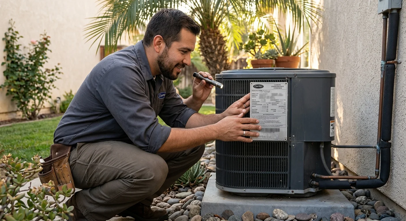 San Diego homeowner reading a Carrier AC condenser data plate