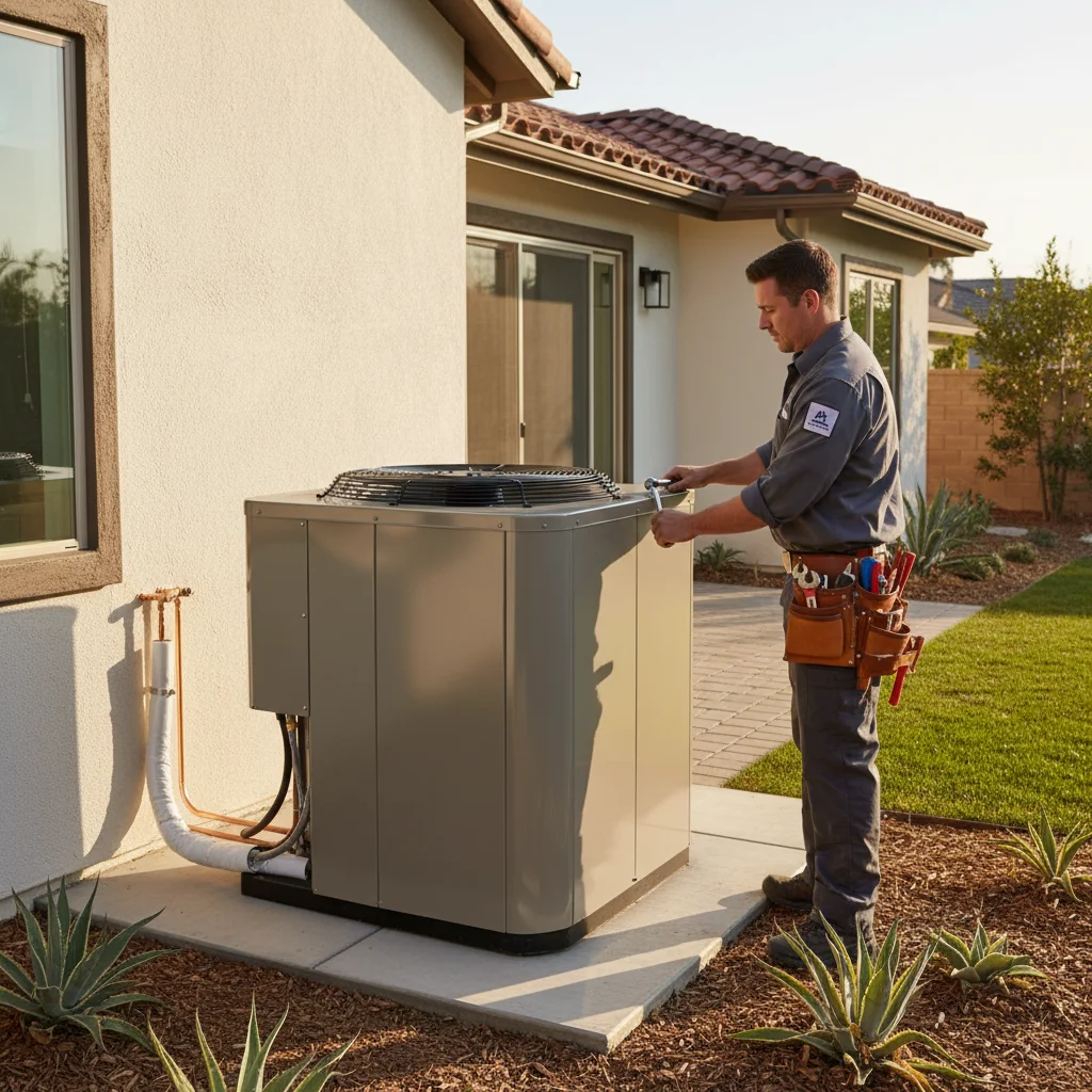 A new central air conditioner unit installed professionally on a concrete pad next to a San Diego home