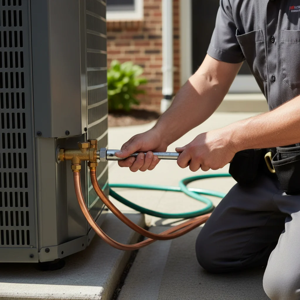 An HVAC technician uses a torque wrench on a copper line connection for a new central air conditioner