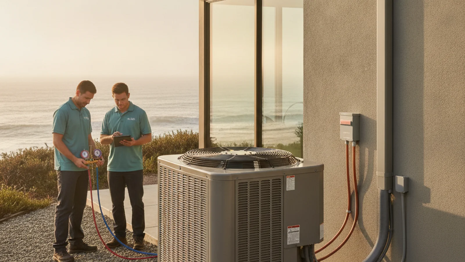 A coastal San Diego home with an outdoor AC unit, marine layer fog visible in the background.