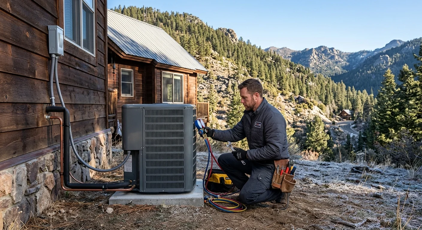 Outdoor heat pump beside a mountain home in the San Diego backcountry