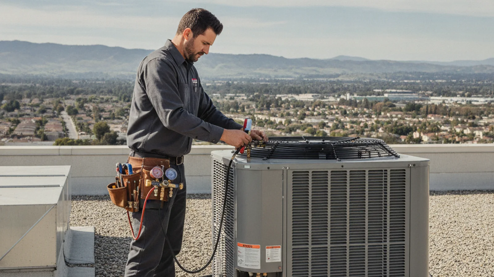 Rooftop packaged HVAC units on a light industrial building in the Vista business park