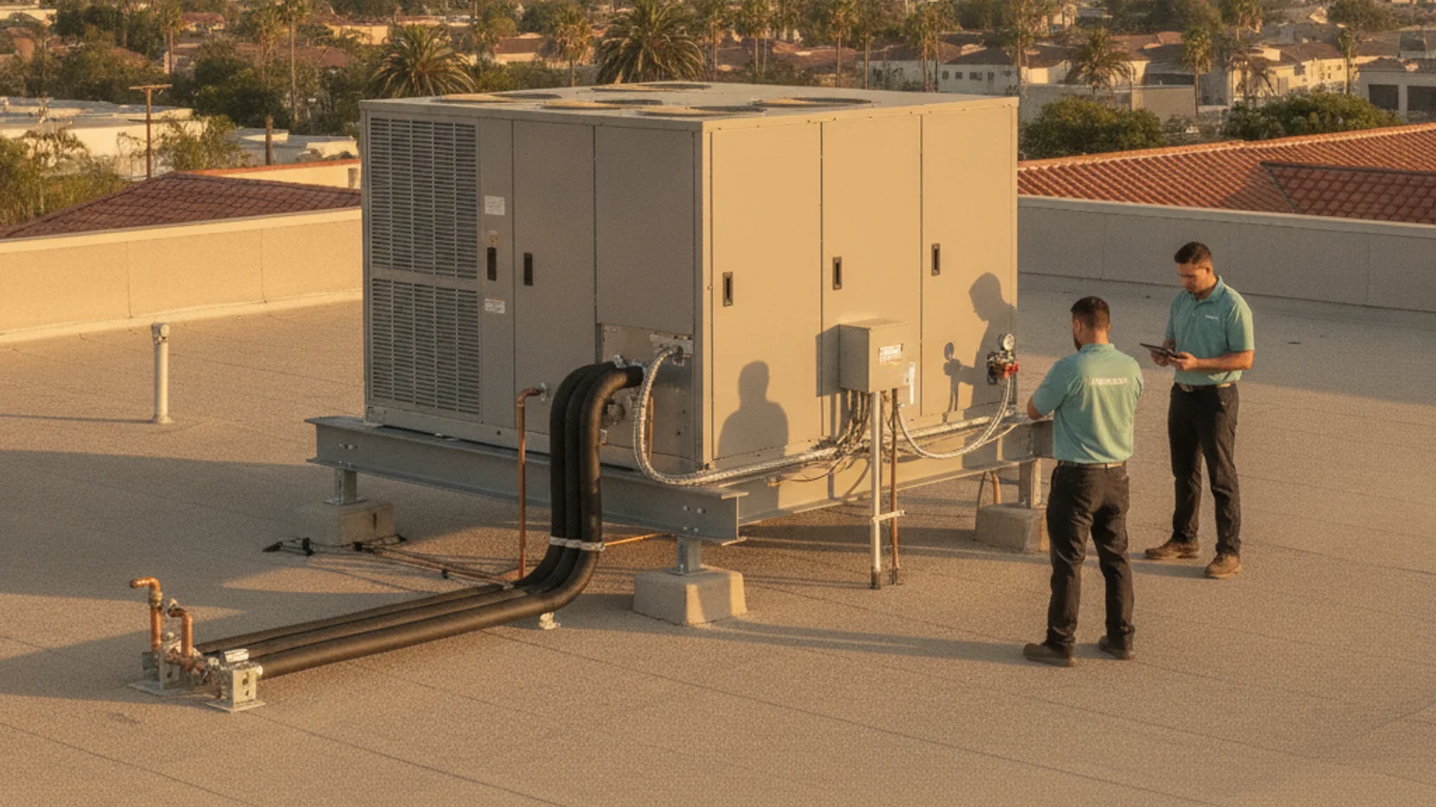 Commercial rooftop HVAC packaged unit installed on a San Diego strip mall building
