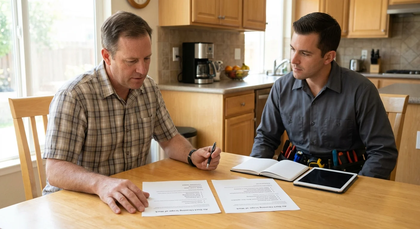 A San Diego homeowner comparing two written air duct cleaning scopes at a kitchen table