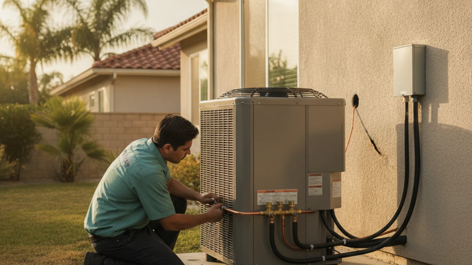 An HVAC technician installs a new heat pump system on the side of a San Diego home.