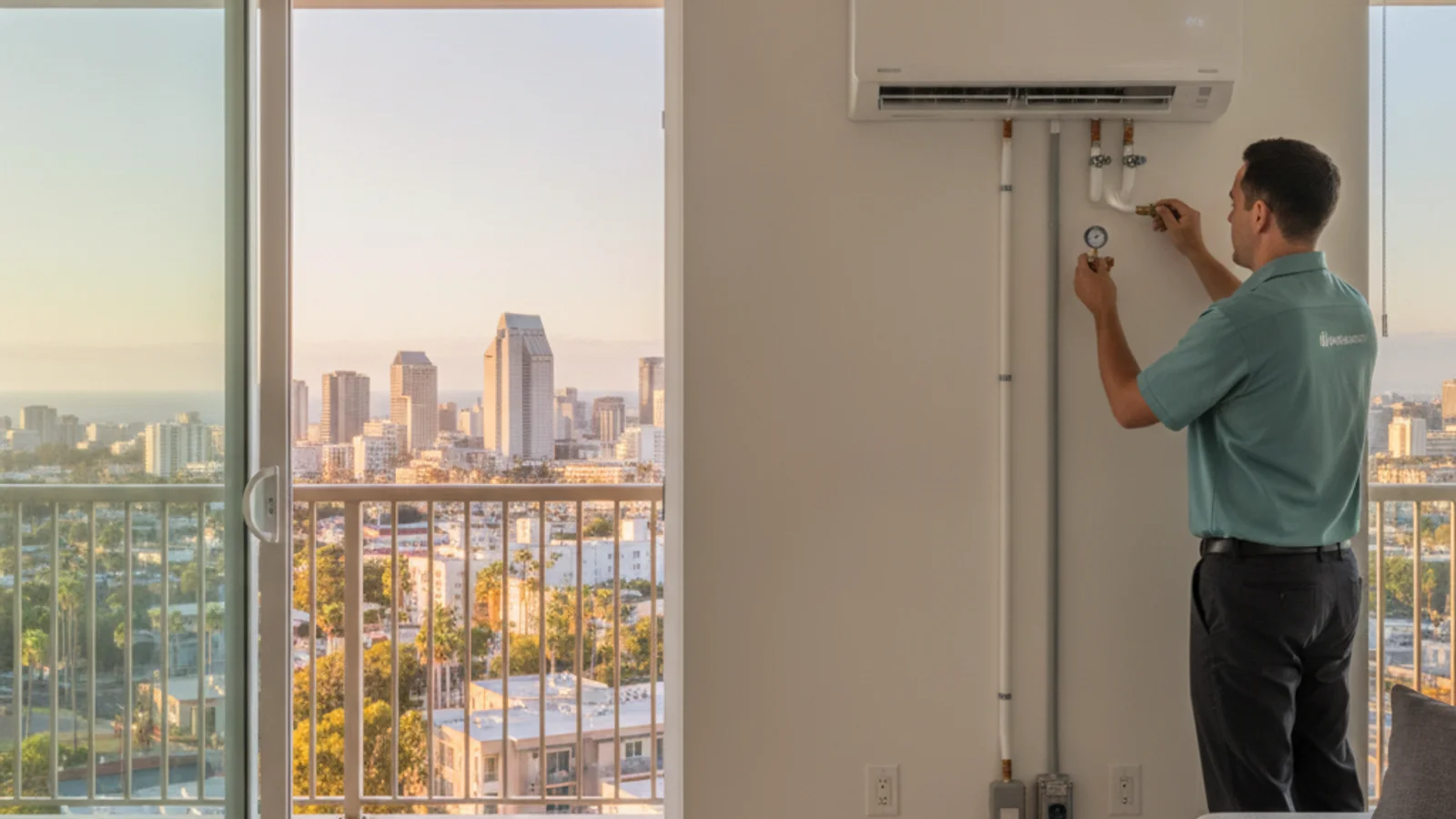 A ductless mini-split head mounted on the interior wall of a San Diego condo with a balcony view of the city.