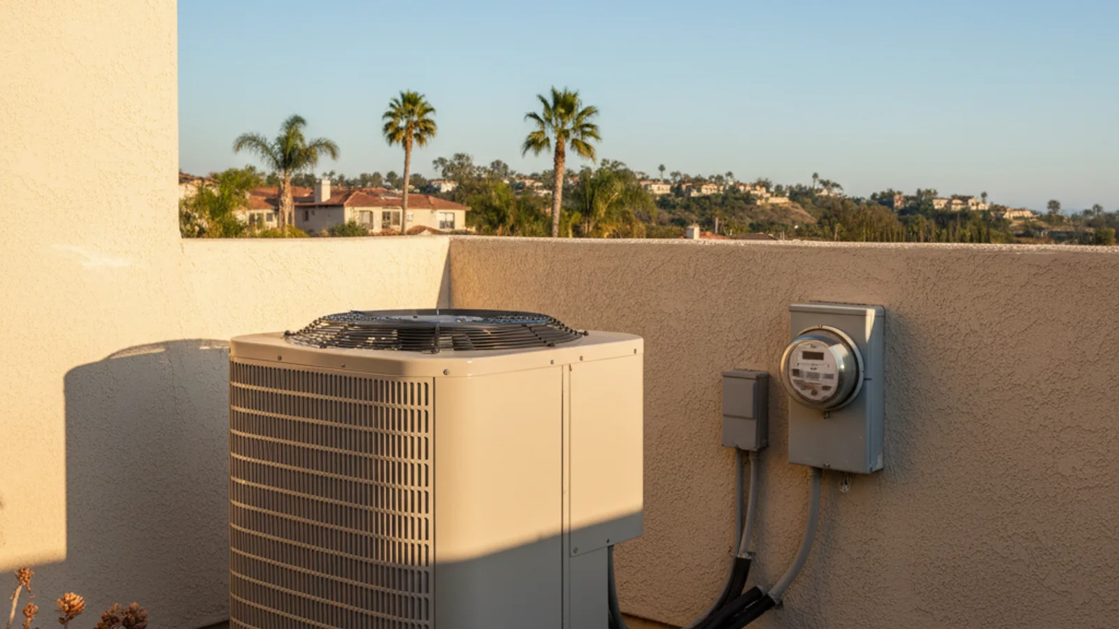 Outdoor AC condenser unit beside a San Diego home with an SDG&E electric meter on the wall