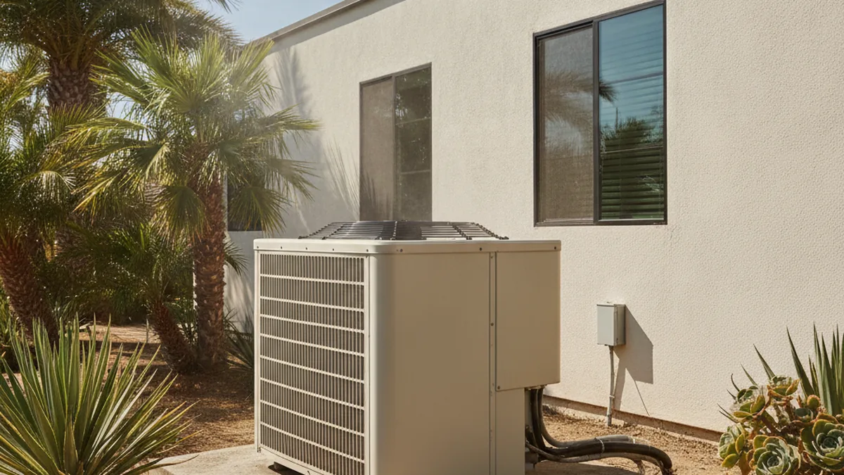 A central air conditioning condenser unit running outside a San Diego home on a hot summer day