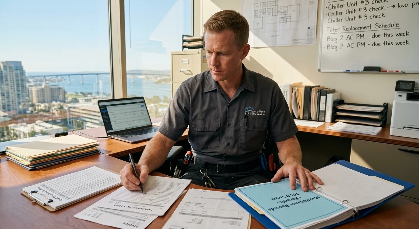 San Diego property manager organizing commercial HVAC maintenance records